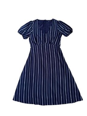 Studio 1886 Puff Sleeve Striped V Neck Lined Midi Dress - Size: Small